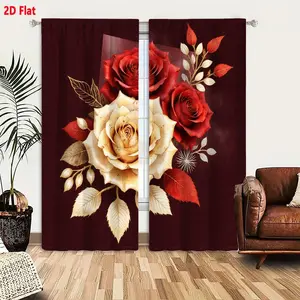 2D Flat   Valentine's Day Curtain 2-Piece Set, Maroon Background with Vintage Floral Design, Cream Ivory Rose, Vibrant Red Roses, Textured Leaves & Seed Heads, Handcrafted Botanical Art Inspired Grommet Curtains for Bedroom Living Room Decor