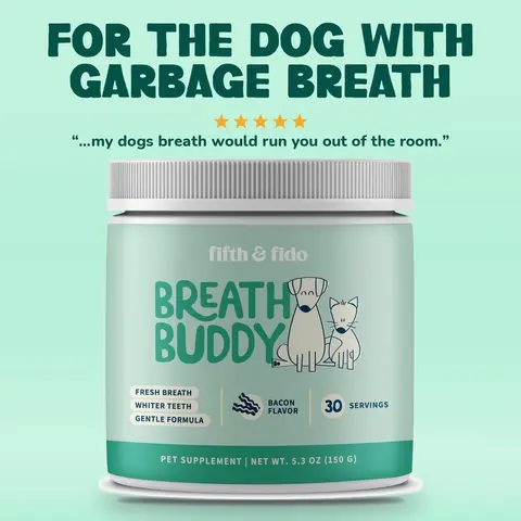 Fifth and Fido Breath Buddy Dog Breath Freshener Dental Powder Bacon Food Topper for Dog Breath Stink Bad Breath Tartar Plaque Sensitive Stomach USA