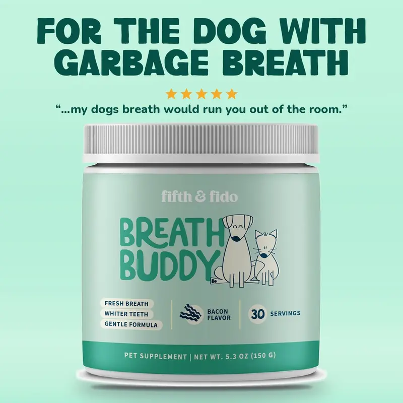 Fifth and Fido Breath Buddy Dog Breath Freshener Dental Powder Bacon Food Topper for Dog Breath Stink Bad Breath Tartar Plaque Sensitive Stomach USA