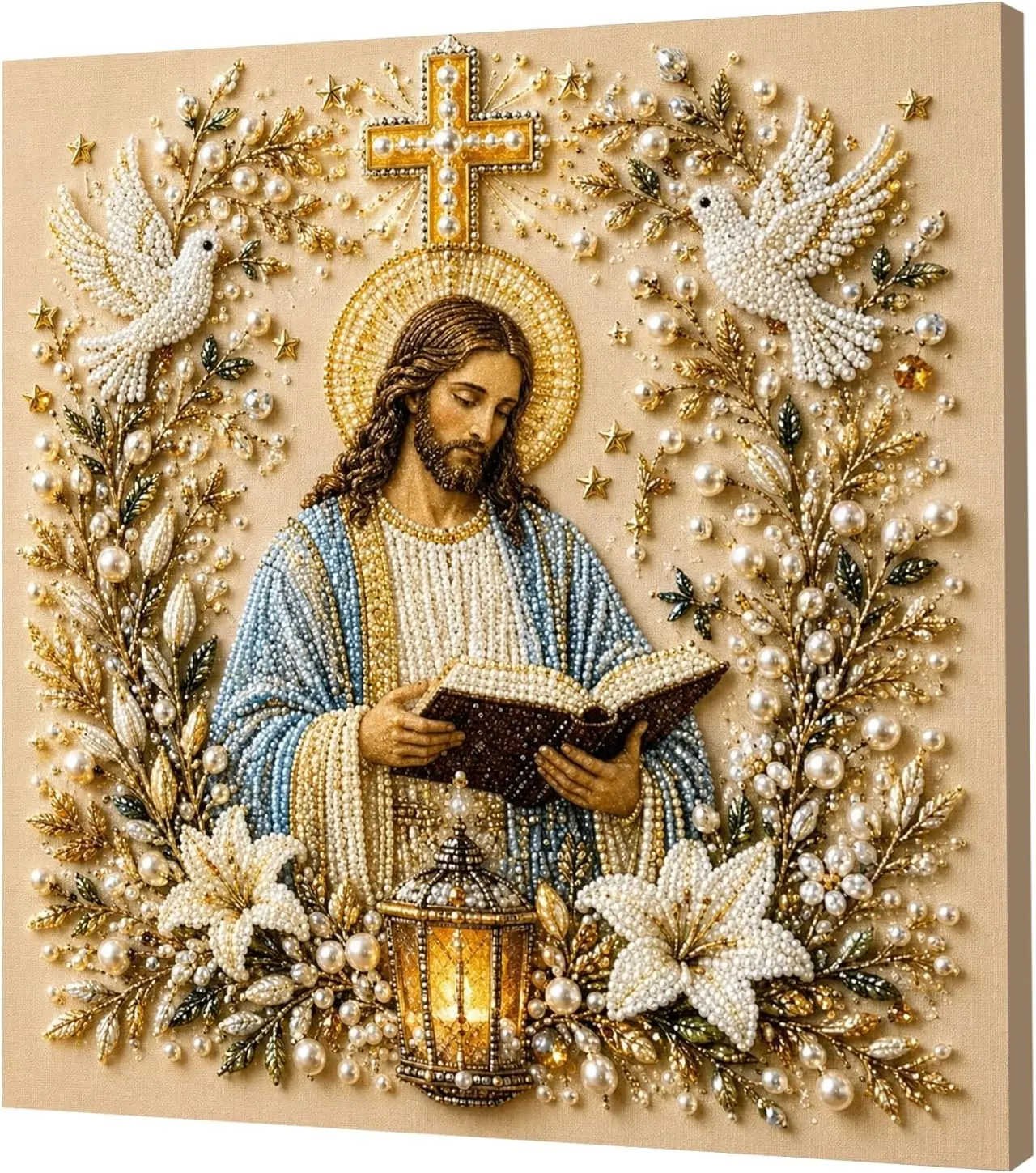 DIY Religious Pearl Art Diamond Painting Kit with Inner Frame for Adults & Beginners, Wall Art Decor, DIY Mosaic Craft Holiday Gift (7.8"x7.8")Jesus with Holy Bible