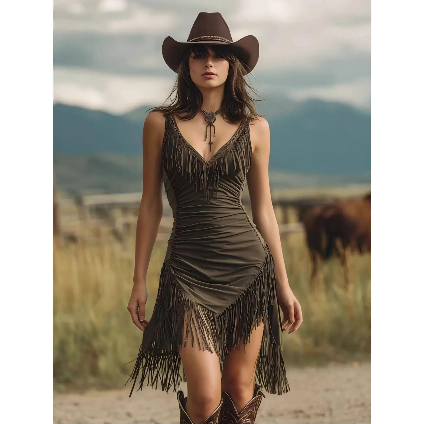 ZOELNIC Women's Retro Western Fringe Dress in Deep Olive Green Sleeveless  Spaghetti Strap V-Neck Slim Fit Mini Design for Summer Casual Wear - Fabric  - TikTok Shop