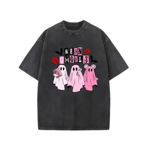 [Vintage Wash] Unisex "Mean Ghouls" Halloween T-Shirt -  Washed , Vintage Streetwear, Loose Fit, Casual Top with and Bat Graphics