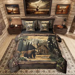 Rustic Cabin Bedding Set,7 Piece Hunting Wild Bear Comforter Bed Set with Sheets,Country Farmhouse Lodge Bed Bag,Kids Adults Woodland Mountain Pine Bed Set