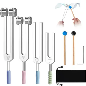 Tuning Fork Therapy Set (128hz 256hz 512hz 1024hz), Aluminum Alloy Chakra Frequency Device, with 2 Rubber Hammers, Yoga, Sound Therapy, Meditation Accessories