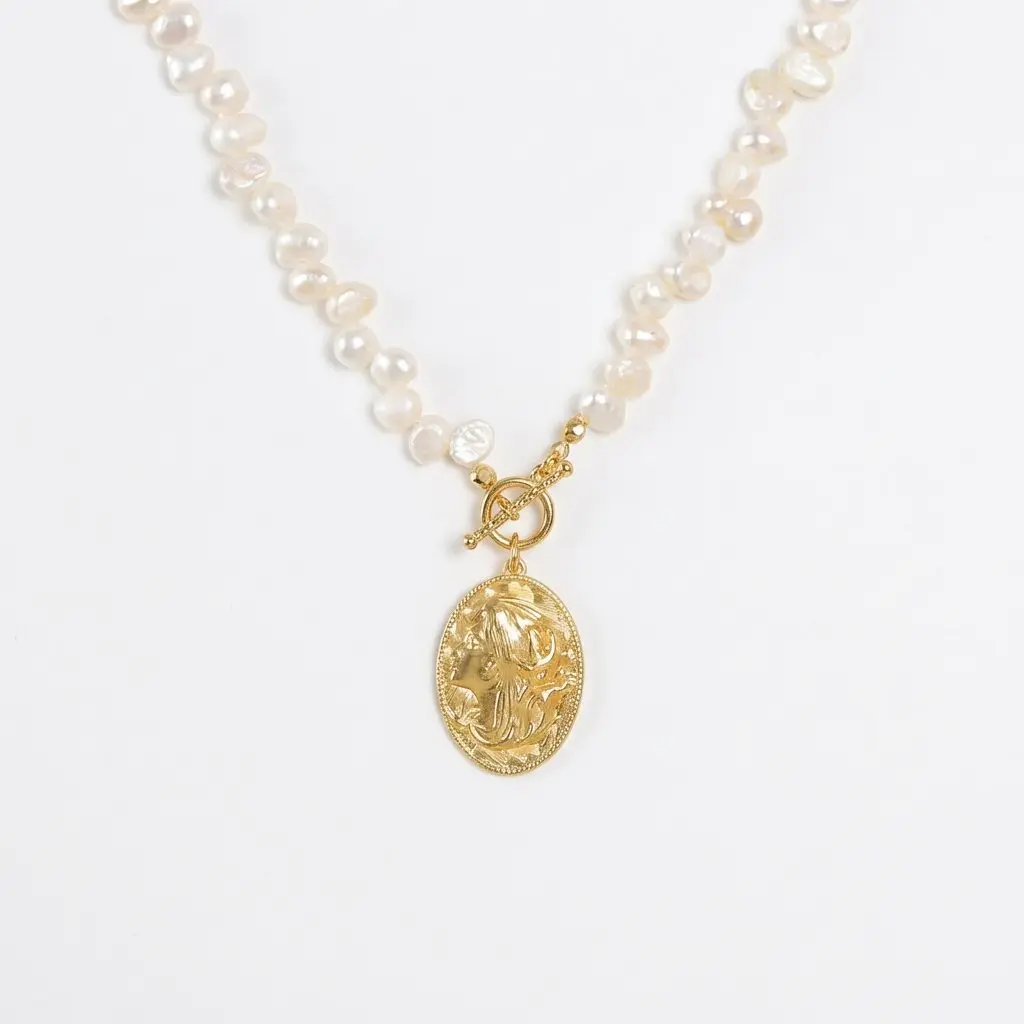 Baroque Pearl & Embossed Goddess Pendant Toggle Necklace