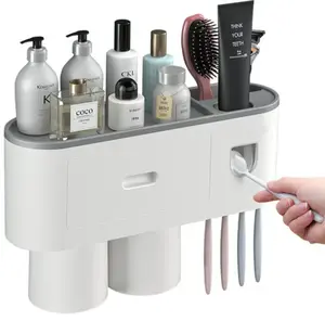 Toothbrush Holder Wall Mounted, Automatic Toothpaste Dispenser Squeezer Kit -Magnetic Toothbrush Holder for Bathroom and Vanity, 4 Brush Slots 2 Cups 1 Cosmetic Drawer