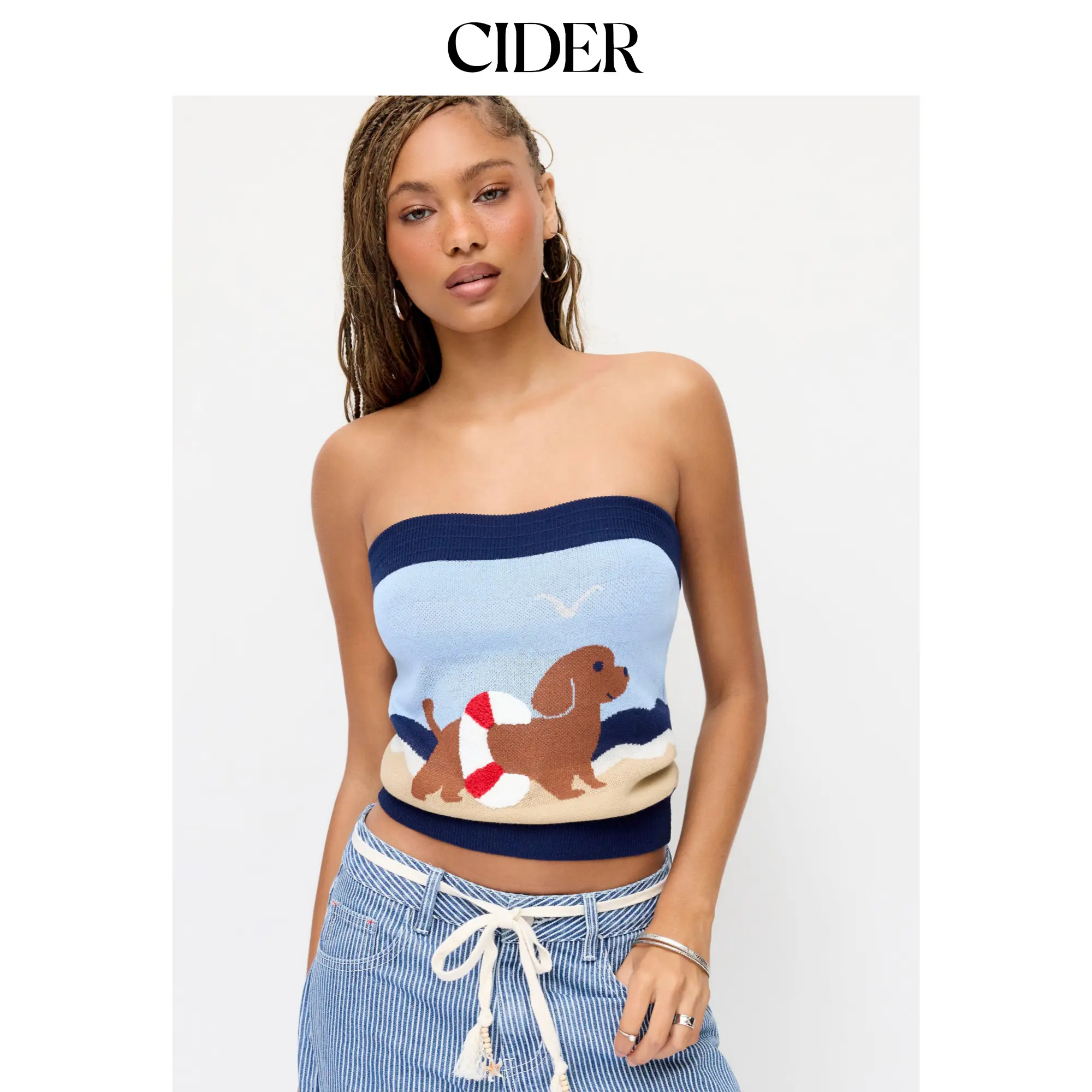 Cider Women's 100% Cotton Knit Graphic Embroidery Strapless Bandeau Tank Top - Medium Stretch, Regular Fit, Casual, Sizes S-4, M-6, L-8, XL-10