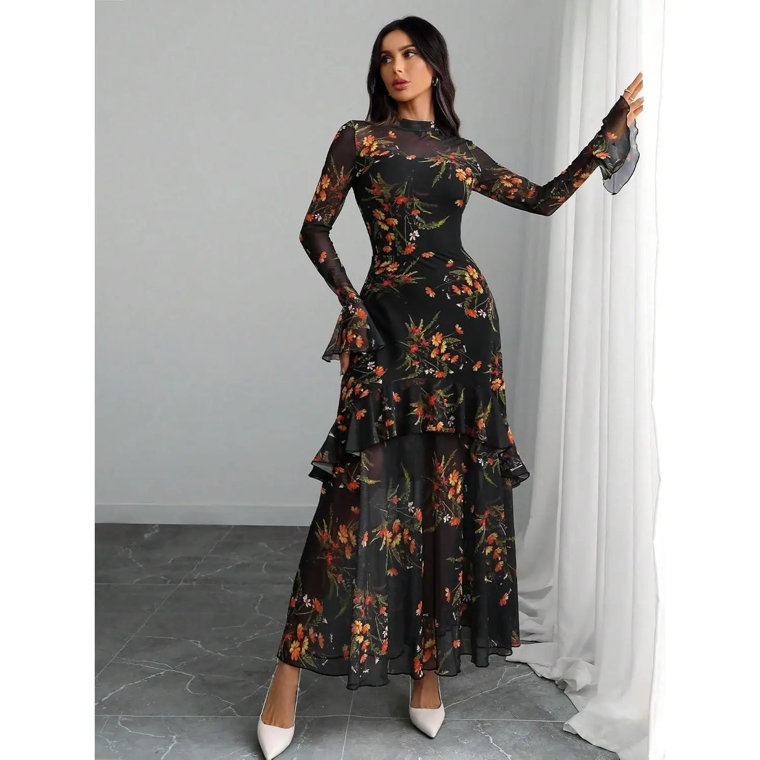 Womens Floral Maxi Dress Sheer Mesh Bell Sleeve Tiered Ruffle Gothic  Romantic Casual Long Dresses - TikTok Shop