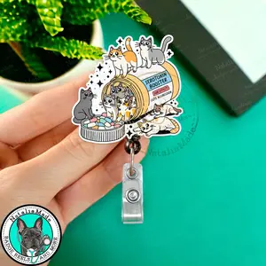 Funny Cat Pills Badge Reel, Serotonin Booster Pharmacy CPhT Vet Retractable Badge Reel, Heavy Duty, MRI Safe, Gift for Healthcare Workers