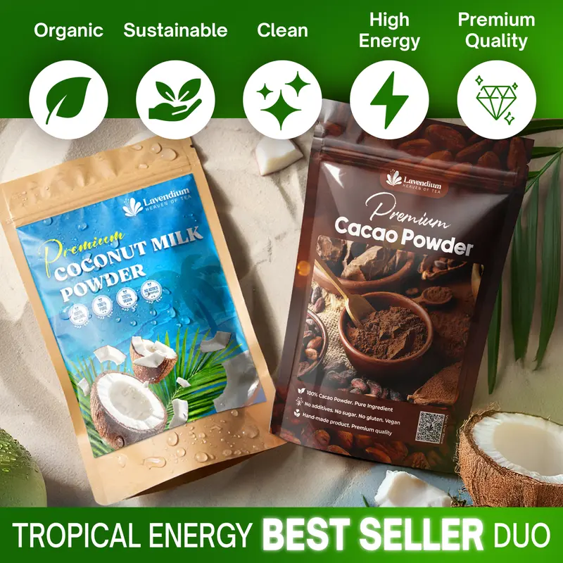 【FreshDrinkUS】 Tropical Energy Duo, Pure Cacao Powder 25oz (1.56 lbs), Organic Coconut Powder 20oz (1.25 lbs), 100% Natural and Pure, Unsweetened, Vegan, Non-GMO, Gluten-Free, Perfect for Smoothies, Coffee, and Daily Energy Support
