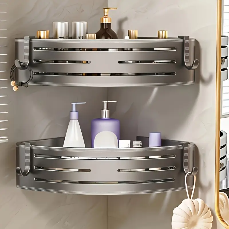 1Pc Adhesive Shower Caddy Aluminum Rustproof Wall Mounted Corner Shelf with Hooks No Drilling Needed Bathroom Kitchen Storage Rack Bathroom Accessory Bathroom Organizing Accessories Bathroom Organizer Supplies
