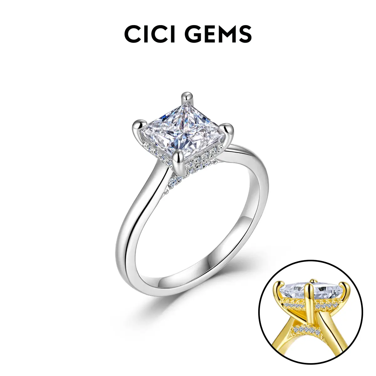 CICI GEMS 2CT Lab-Created Moissanite Ring Princess Cut D Color VVS1 Clarity for Women Stackable Halo High Setting 18K White Yellow Gold Plated Hypoall