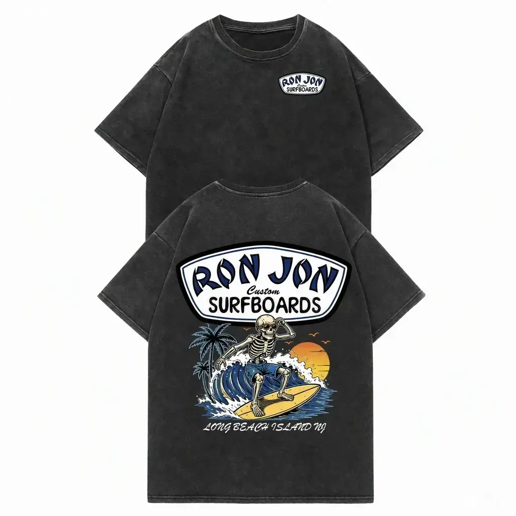 Ron Jon Surfboards Skeleton Surfer Long Beach Island NJ Double Sided Unisex Washed Black Tshirt Mens Vintage Graphic Tee, Boyfriend fit shirt, Oversized top for women, Retro surf streetwear, Summer beach aesthetic, Skater clothing