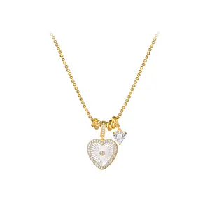 18K Gold Plated Heart Necklace - Mother of Pearl Sunburst Pendant with Crystal Charm - Dainty Ball Chain Jewelry for Women - Romantic Gift Idea - Coquette Aesthetic