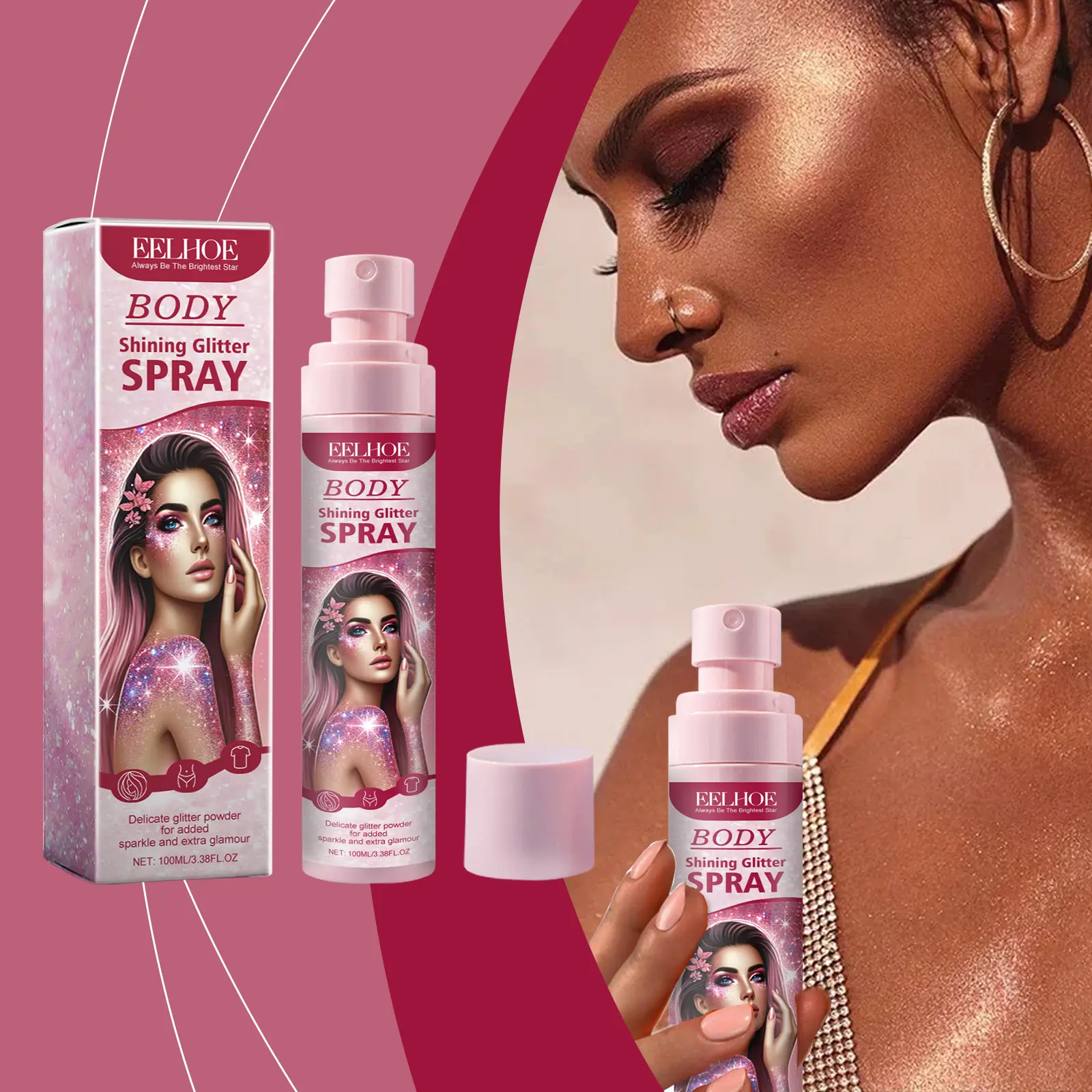 Eelhoe Shimmer Body and Hair Spray for Face Hair and Clothes with Vitamin E and Glycerin Long Lasting Glitter for Parties and Festivals