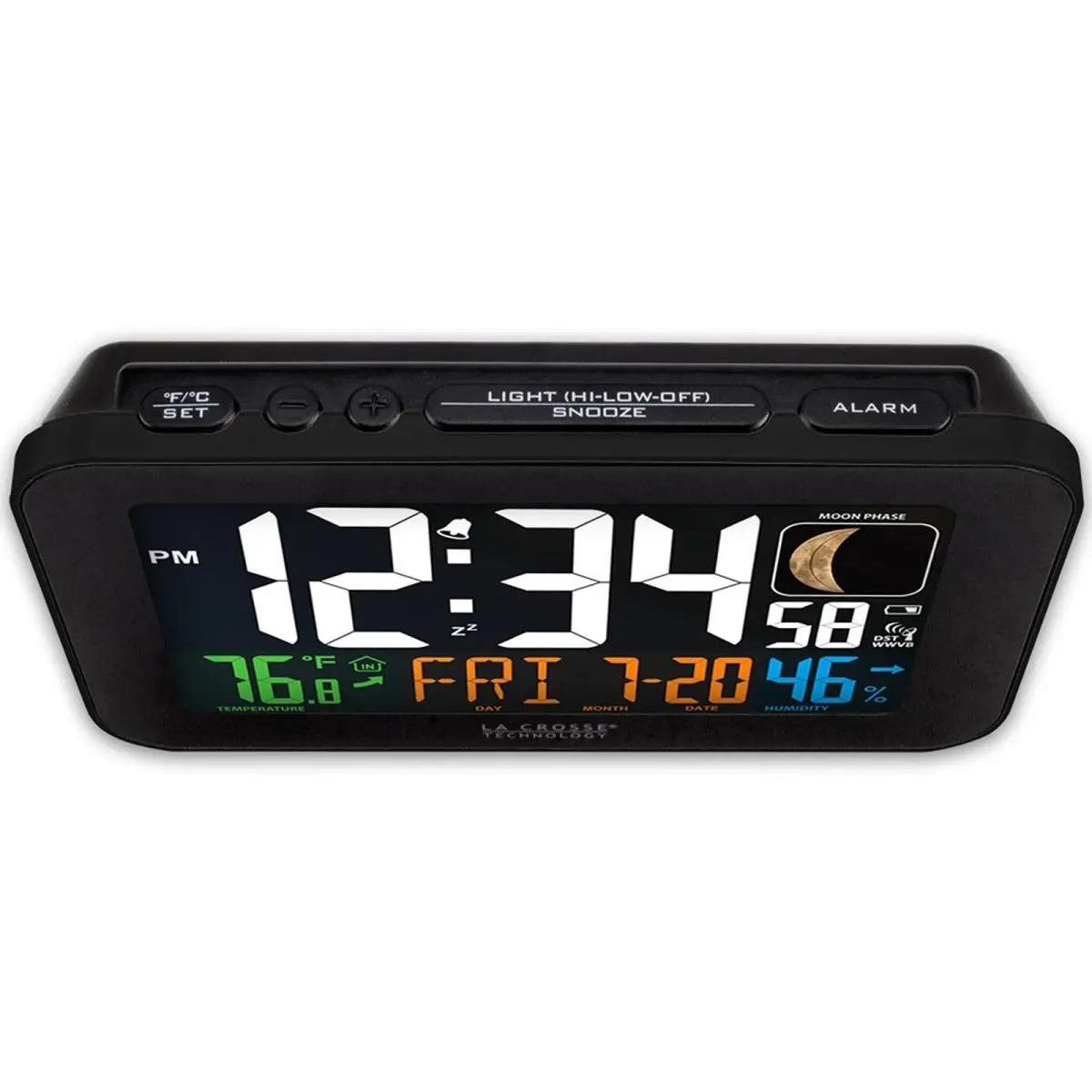 La Crosse 617-1485B Atomic Color Digital Alarm Clock - Plastic, Adjustable Customizable Backlighting Home Supply with Indoor Temperature, Humidity, USB Port, Automatic Daylight Saving Time Reset, Living Room Decor