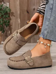 New Retro Metal Buckle Beanies Shoes for Women, Textured Leather Soft Sole Slip-On Sneakers, Comfortable Versatile Casual Footwear, Casual Flats