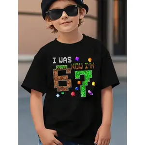 The 67 emoji gesture pixel blocks birthday card of the little boy "I was 6 years old, now I'm 7 years old" Brown soil block with the number 6 Green grass block with the number 7 Colorful pixel gem retro pixel player 100% cotton pattern T-shirt, Thanksgivi