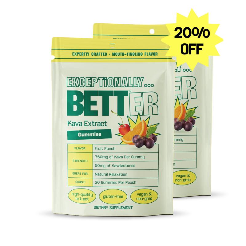 BETT Natural Calm Kava Gummies - Fruit Punch, 50mg Kavalactones, Vegan & Gluten-Free, 20 Gummies Per Pouch, Third-Party Lab Tested, Perfect for Relaxation