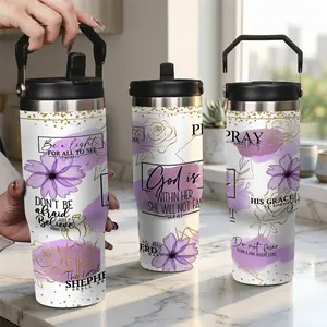 Inspirational Bible Verse Tumbler, Psalm 46:5 God is Within Her, Christian Gifts for Women Religious Coffee Mug, Purple Floral Insulated Travel Cup with Lid & Straw