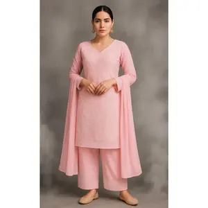 Tridaal Women’s Embroidered Kurti Palazzo Set – Lily Lavender & Baby Pink