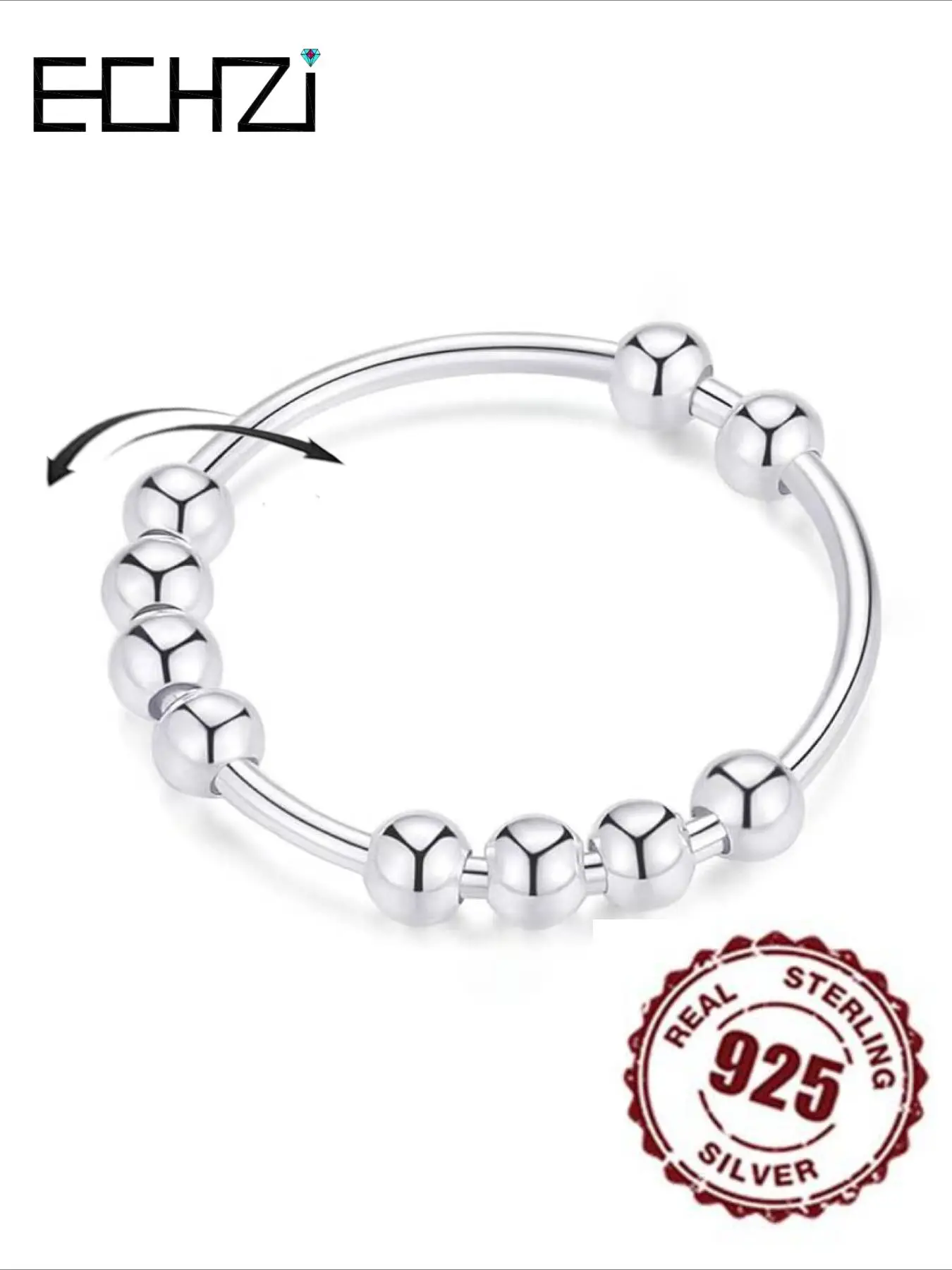 925 Sterling Silver Fidget Ring for Women & Men, Anxiety Ring with Beads, Spinner Ring for Anxiety, Fashion Jewelry Accessories for Daily Wear