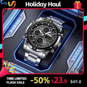 SKMEI Men's 48mm Big-Face Casual Digital Quartz Watch, Analog-Digital Dual Display, 30M Waterproof, Stainless Steel Band, Backlight, Stopwatch, Alarm, Day-Date, 12/24H, Triple Time Zones, Rugged Outdoor Quartz Wristwatch
