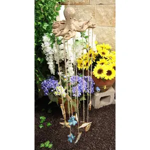 Ebros Gift Ceramic Nautical Ocean Sand Tan Octopus with Corals Starfish and Shells Wind Chime Mobile Sculptures Marine Life Beach Decorative Hanging Mobiles Garden Patio Pool Deck Accents