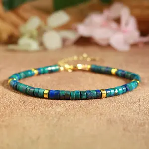 Natural Azurite Malachite Tube Beads Healing Charka Abundance Crystal Minimalist Adjustable Bracelet Gift for Women Men