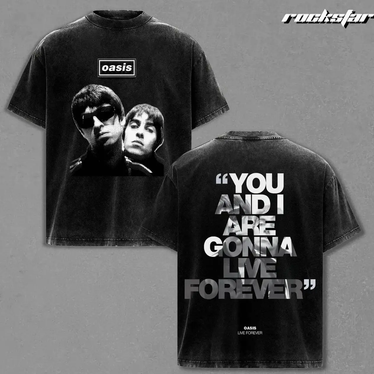 Oasis Live Forever T-Shirt Vintage Washed, Classic Quote Graphic Tee with Band Portrait Print, Oversized Black Heavyweight Cotton Streetwear Shirt JXM
