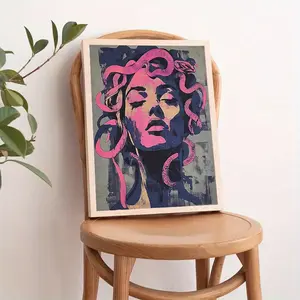 2D Flat, Medusa Greek Mythology Wall Art - 2D Flat Frameless Canvas Print Suitable for Greek Goddess Medusa Portrait, Pink & Blue Abstract Greek Decor, 12x16 inch Modern Retro Victorian Art Deco Room Decor for Bedroom, Living Room, Office - 2D FLAT1