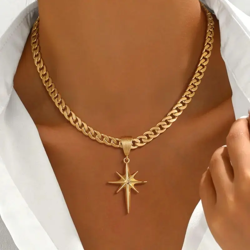 Gold 8mm Women's Flat Cuban Eight-Pointed Star Pendant Necklace, Fashion Jewelry Perfect for Valentine's Day Gifts & Spring Statement