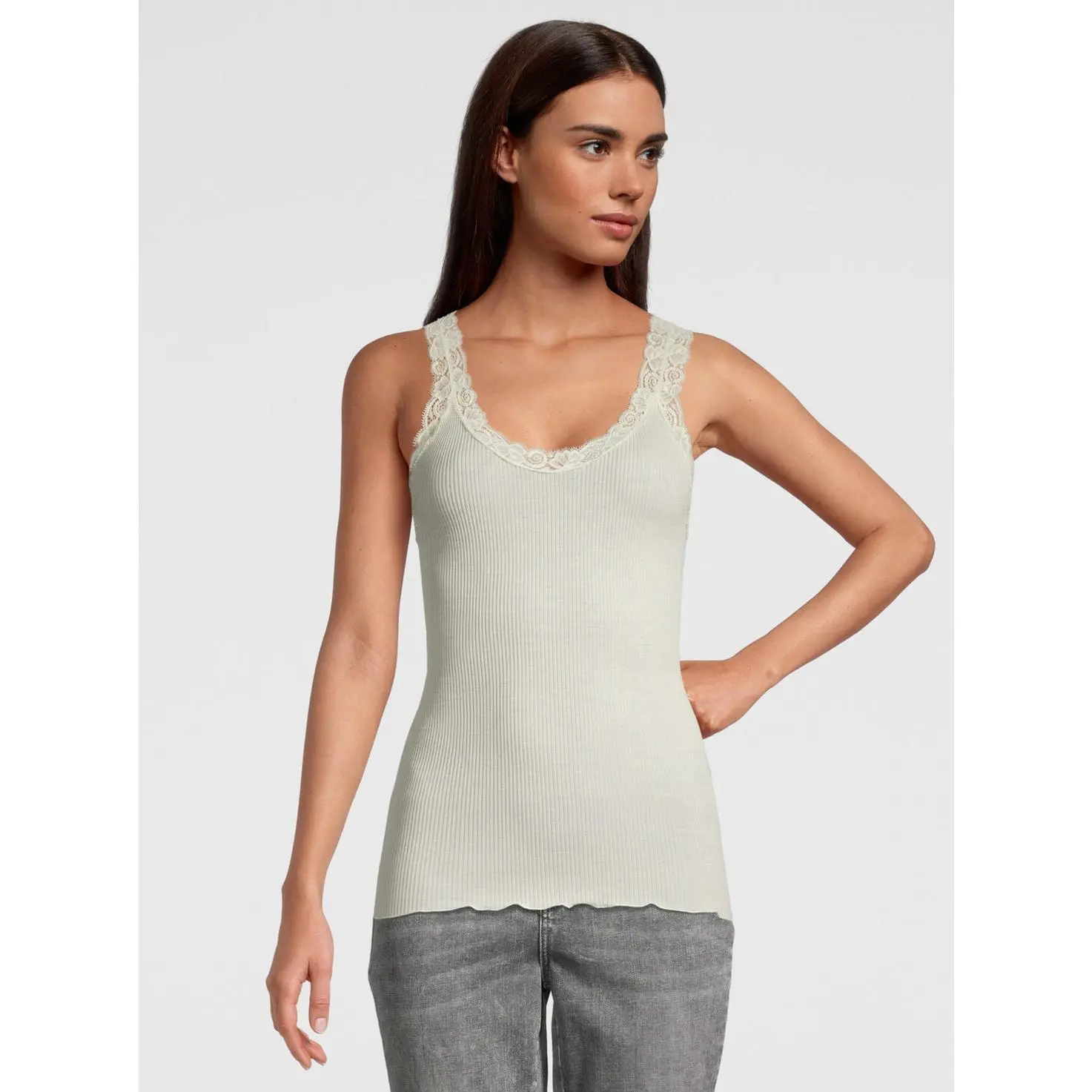 Women's Ribbed Wool Silk Tank Top - Seamless Layering Style for Everyday Wear with French Leavers Lace Trim, Sleeveless, Basic, Scoop Neck, Lace Women's Tanks & Camis, Comfortable, Shirts, Clothes, French Lace Trim
