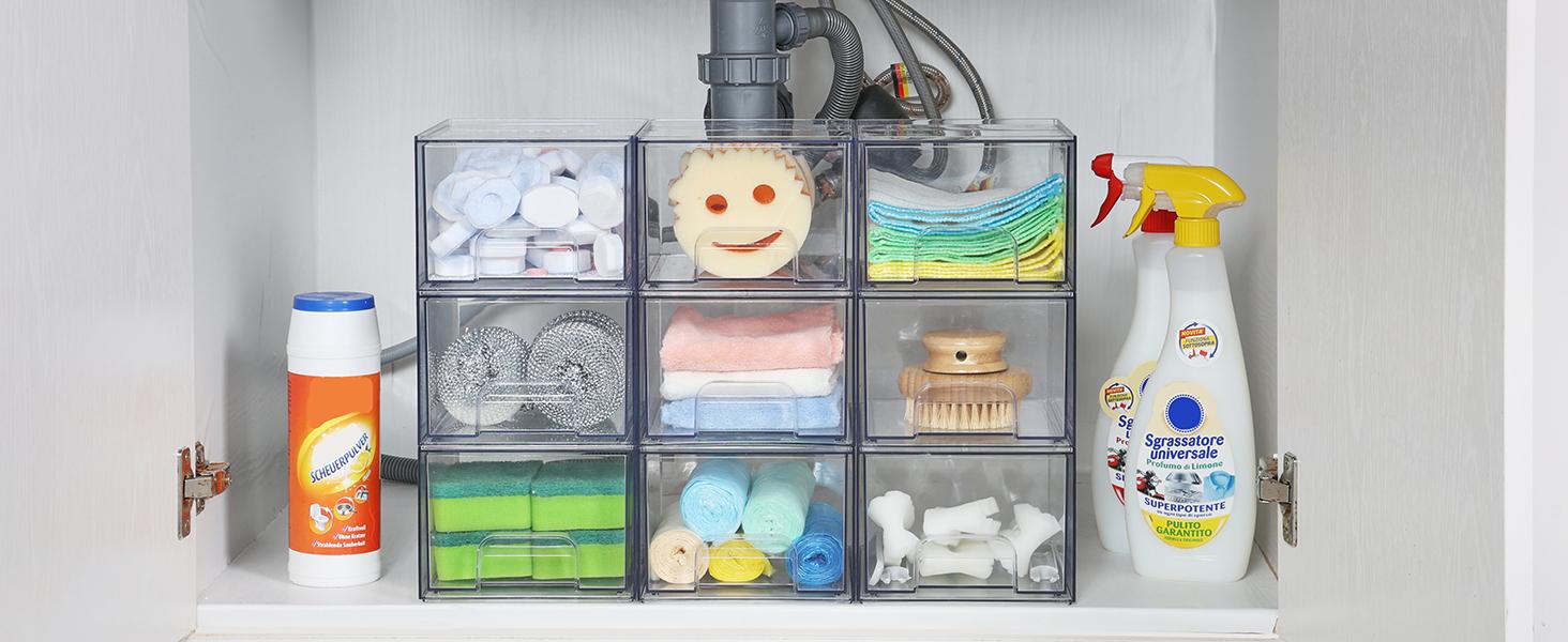 4 Pack Small Clear Stackable Storage Drawers,Acrylic Bathroom Makeup Organizer,Plastic Storage Bins For Vanity, Undersink, Kitchen Cabinets, Pantry, Home Organization