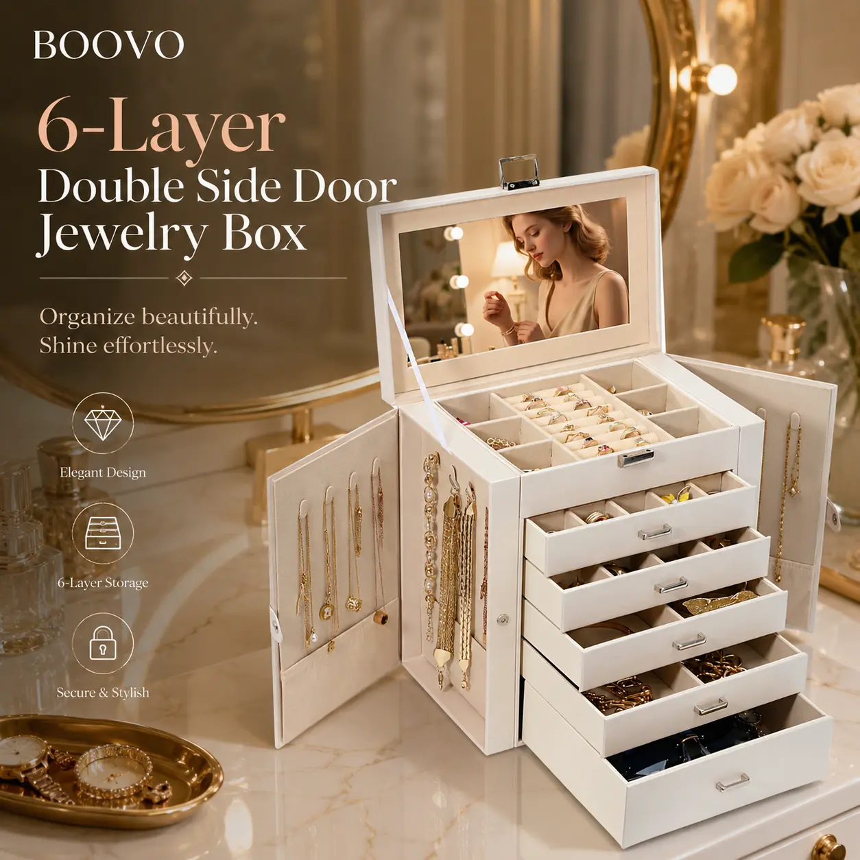 BOOVO Pearl White Modern 6-Layer Multifunctional Jewelry Organizer Box - Large Capacity Bedroom Storage Case with Glass Lid, Built-In Mirror, Dustproof PU Leather, Anti-Tarnish Velvet Lining for Jewelry for Women, Necklaces, Rings, Earrings, Gift, Glasses