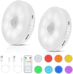 2-Pack RGB LED Rechargeable Motion Sensor Led Tap Lights Indoor with Remote, Long-Lasting Battery, Bright Dimmable Stick-On Puck Night Light for Closet, Kitchen, Stairs