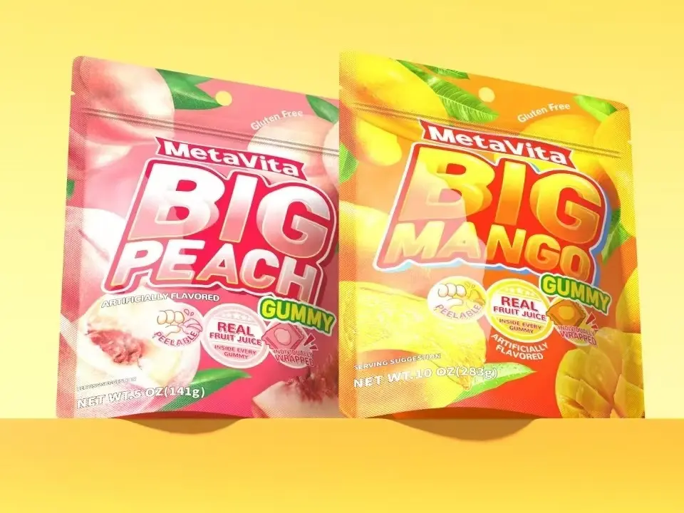 MetaVita Peelable Mango / Peach Gummies – 5oz (141g) Big Bag, 20 Individually Wrapped Juicy Pieces – Chewy, Peelable, Real Fruit Flavor – Novelty Candy for Kids & Adults, Viral Party Gift Snack