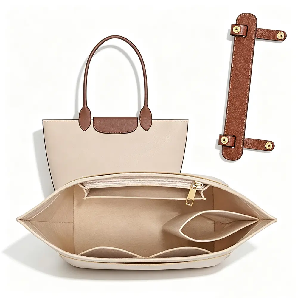 Luxury Felt Tote Insert Organizer & Handle Wrap Set for Large Handbags – Keep Bag Structured & Comfortable to Carry