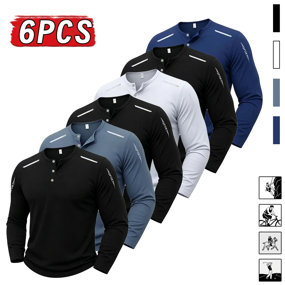 Men’s 6-Pack High Quality Knit Long Sleeve Henley T-Shirts - Knitwear, Athletic Menswear, Solid Plain, Polyester Fabric, Multiple Colors, Suitable for Commuting, Office Work, High Quality Men's Long-Sleeve T-Shirts