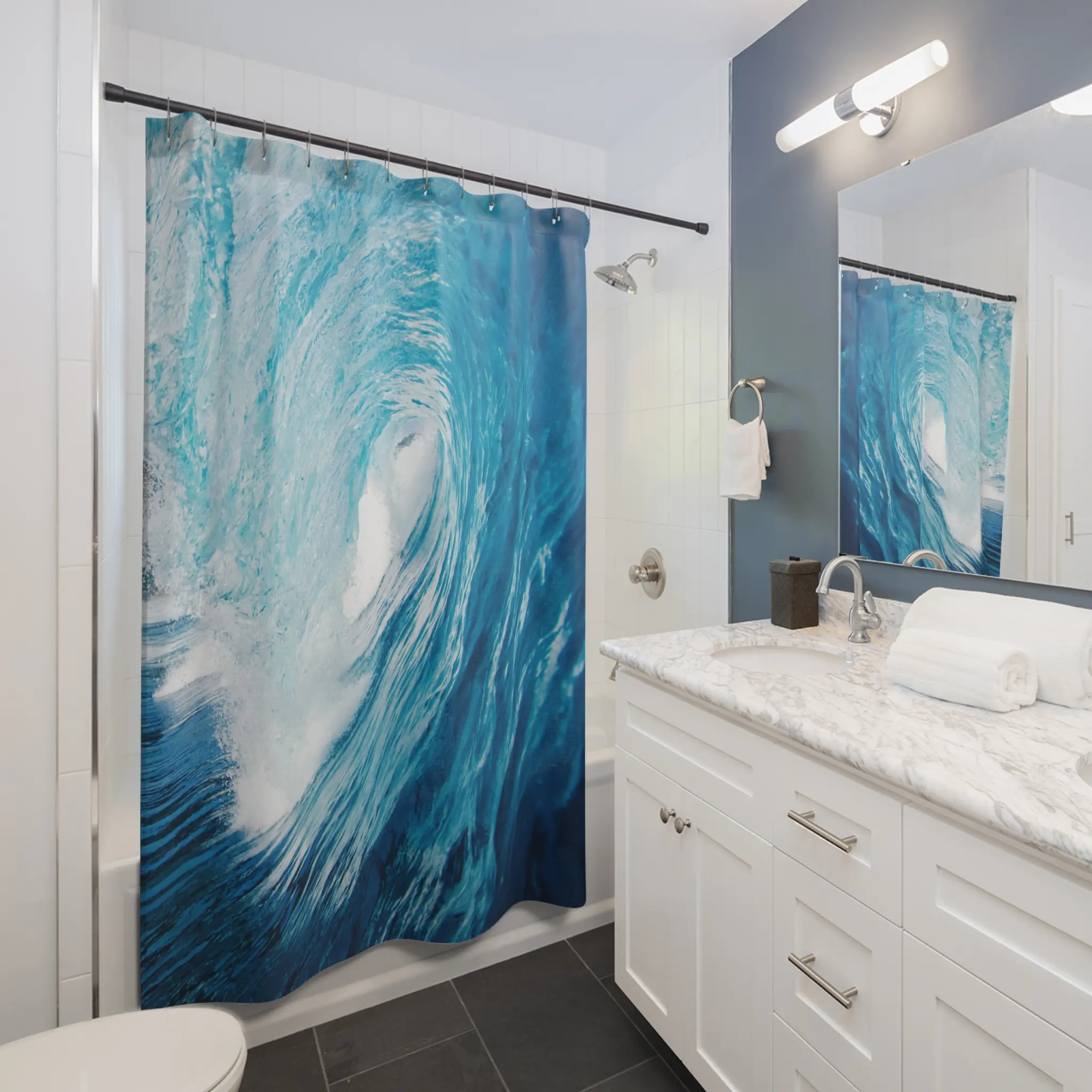 Surfer Wave Shower Curtain for Beach House Bathroom Decor. Beach lover gift. Surf Life home decor. Surf Shack home decor. Boys Dorm Room.
