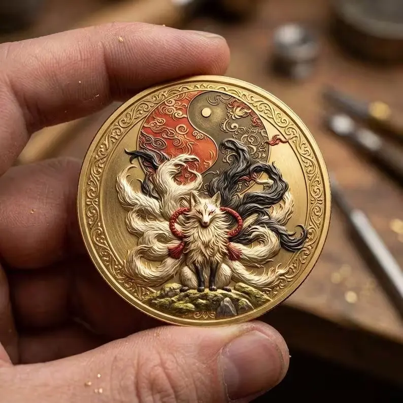 3D Engraved 9-Tailed Fox Legendary Kitsune Spirit Metal Coin - Fengshui Home Decor Collectible, Custom Gold Commemorative Keepsake Gift for Collectors (Christmas, Couples, Birthday, Father's Day, Anniversary)