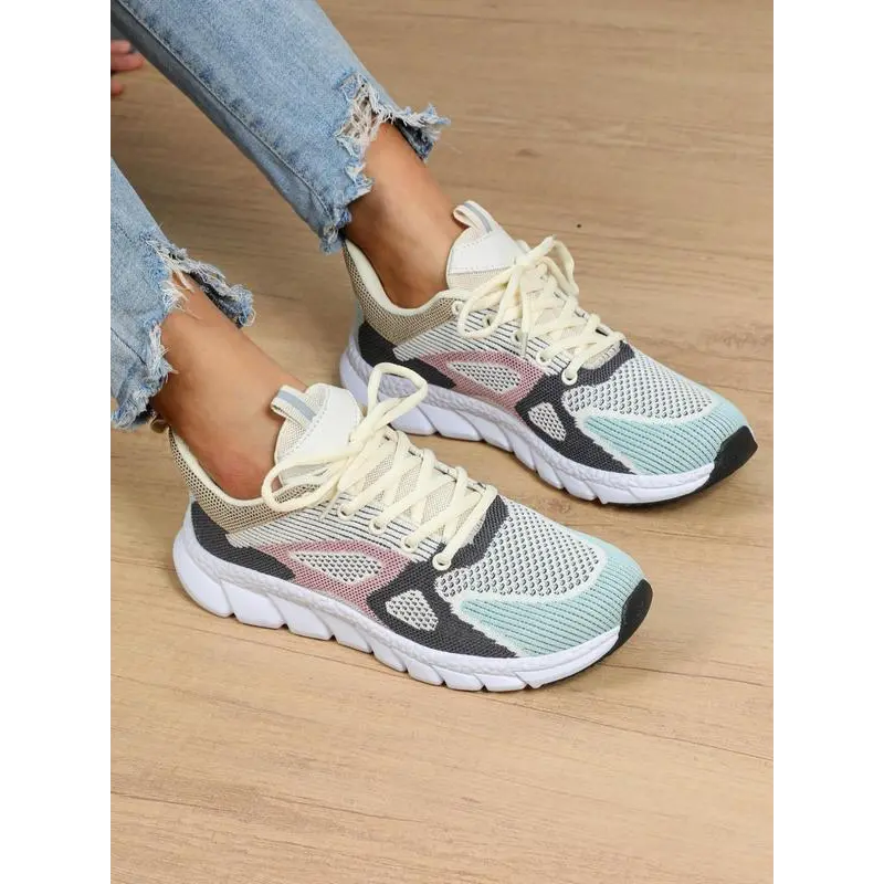 Women's Chunky Sneakers, Colorblock Low Top Platform Shoes, Breathable Textile, Lace-Up for a Secure Fit, Running Shoes