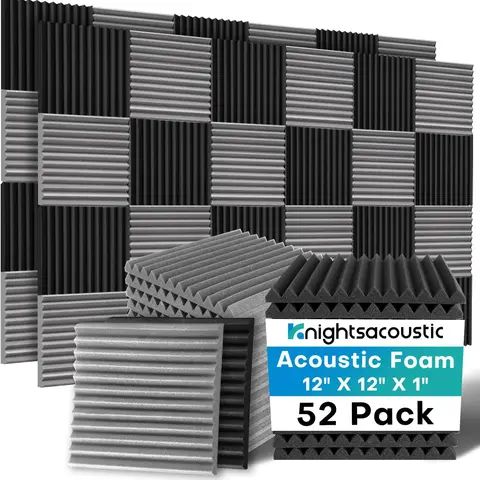 Acoustic Soundproof Foam Panels, 52-Pack 1"x12"x12" 12-Groove Black & Grey Noise Absorption Panels for Wall Decoration, Durable Resilient for Creators, No Installation Adhesive