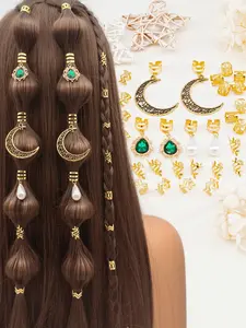 36pcs Hair Charms Braids, Hollow Moon Design & Filigree Inlay, Inlaid Rhinestone Braid Accessories, Loc Jewelry for Women Bohemian Themes