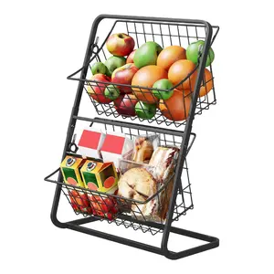 Metal Kitchen Countertop Organizer, Fruit And Vegetable Basket, 2 Tier Fruit Basket Fruit Holder For Kitchen, Large Capacity Metal Wire Fruit Stand Organizer For Snacks Bread Onion Potato