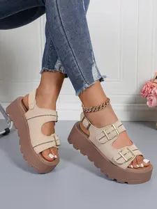 Women's Vintage Metal Buckle Roman Sandals, Milk Tea Color Matte Thick Sole Casual Shoes, 2026 New Melanoid Style Footwear