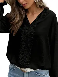 Women's Lace Patchwork Long Sleeve V Neck Casual T-Shirt, Spring & Fall Fashion, Comfortable and Stylish, Perfect for Daily Wear