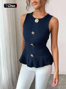 Women's Solid Color Round Neck Sleeveless Knit Vest with Metallic Starfish Buttons, Slim Waist-Defining Fit and Ruffled Hem, Elegant, Stylish and Versatile for Spring and Summer