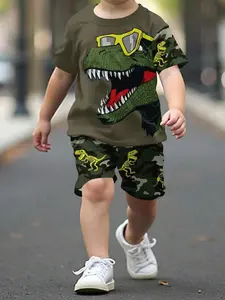 Boys' Casual Geometric Pattern Fitted Short Sleeve Top & Shorts Set, Summer Dinosaur Clothing, Camo Tee Suit