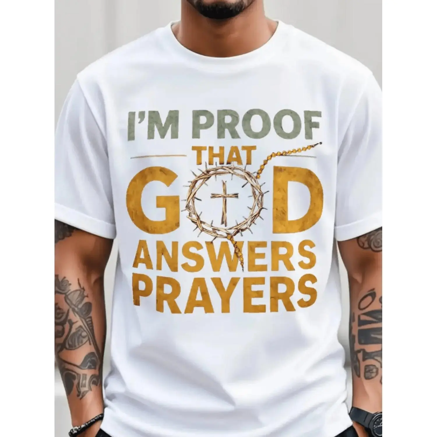 Men's Christian T-Shirt "I Am God's Response to Prayer" with Crown & Cross Design - Golden Lettering, Ultra-Soft Breathable Fabric